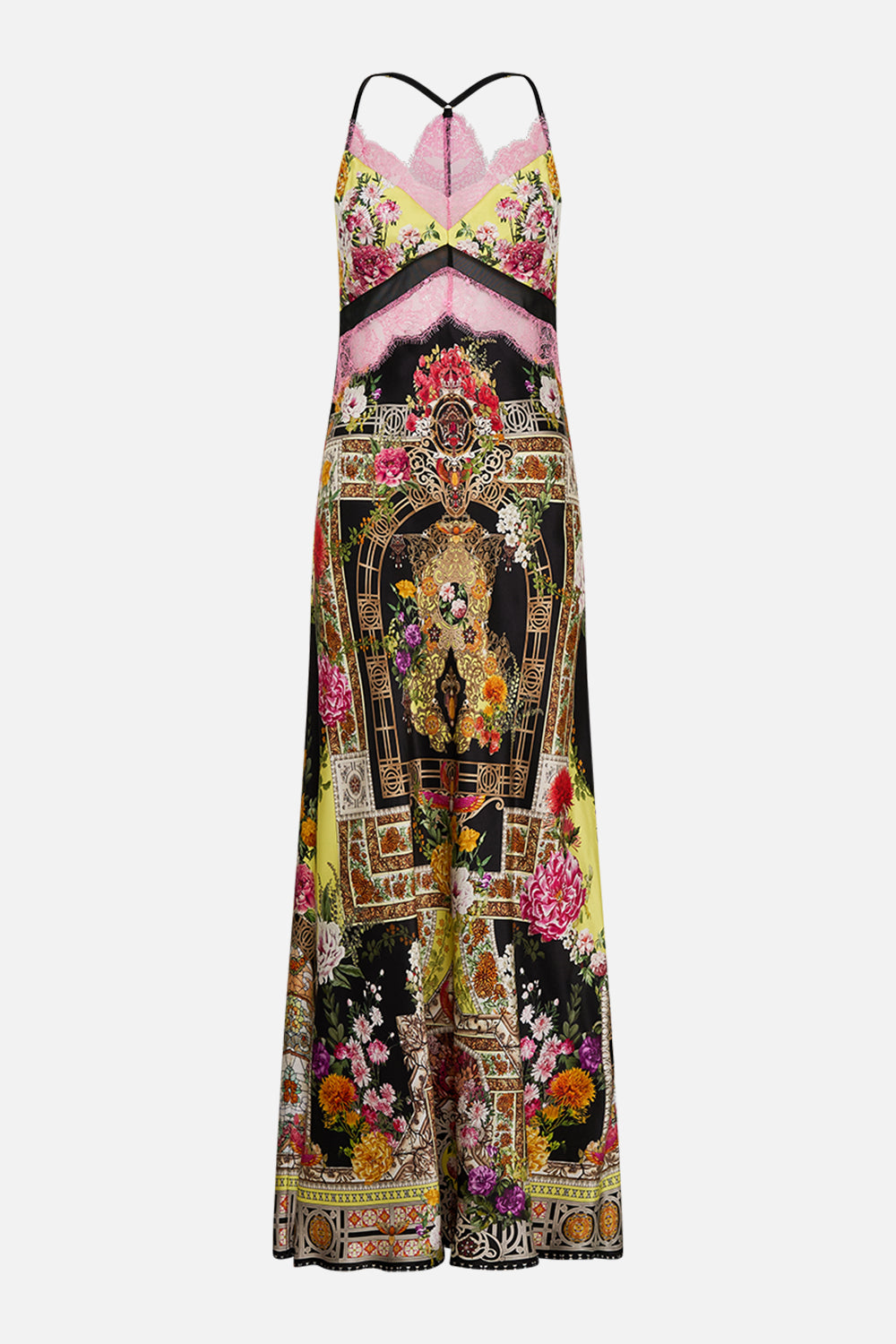 CAMILLA Lace splice bias long dress in Adorned in Alexandria print.