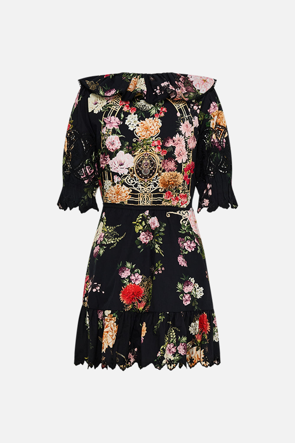 CAMILLA Mini wrap dress with puff sleeve in Adorned in Alexandria print.