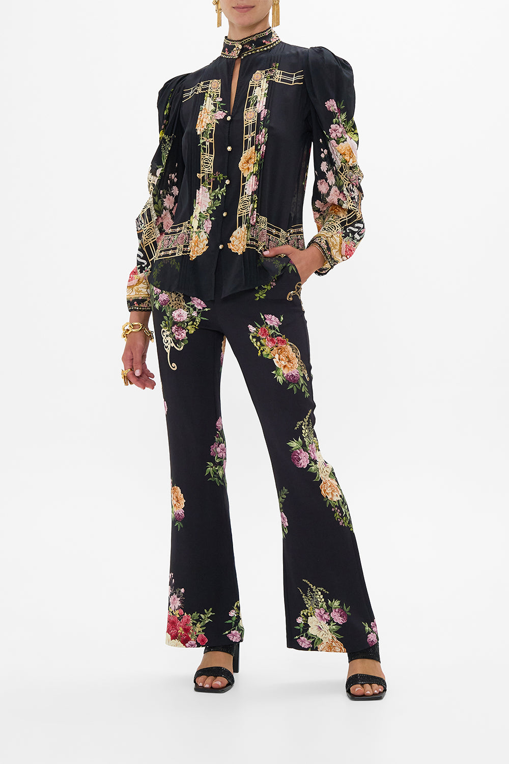 CAMILLA Pintuck Blouse With Draped Sleeve in Adorned In Alexandria print