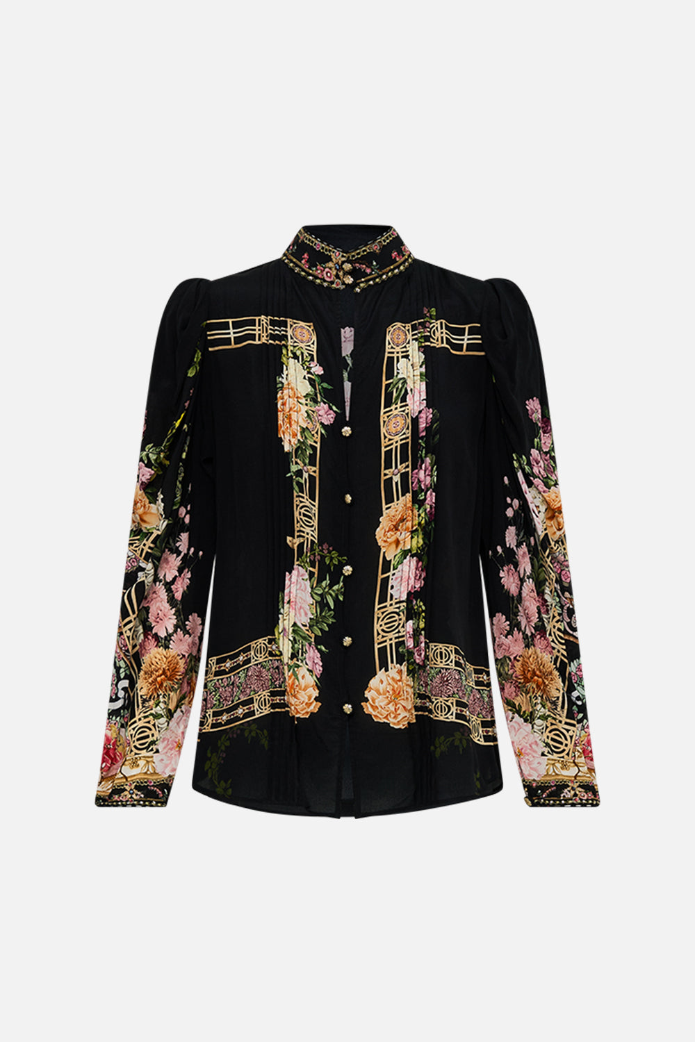 CAMILLA Pintuck blouse with draped sleeve in Adorned in Alexandria print.