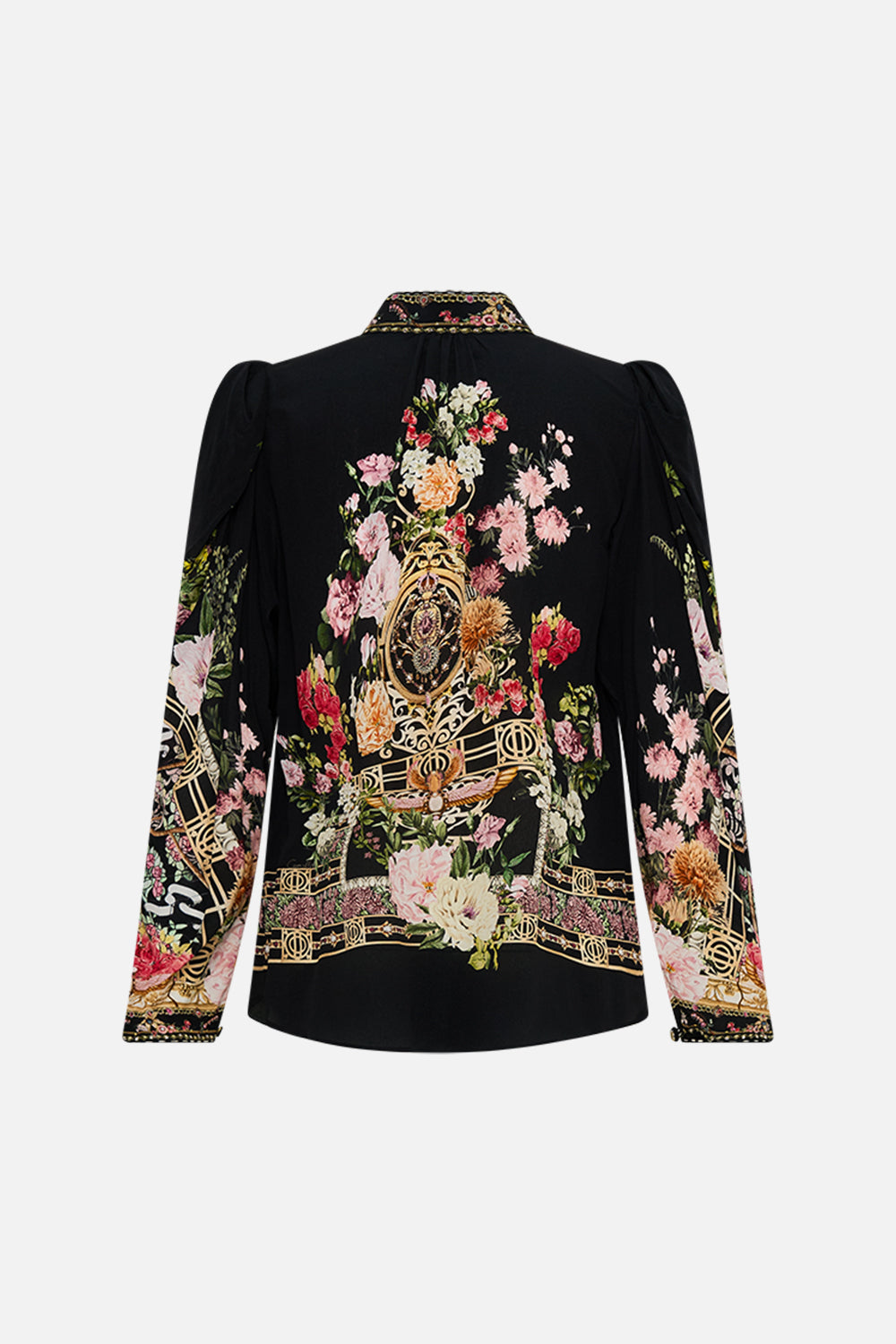 CAMILLA Pintuck blouse with draped sleeve in Adorned in Alexandria print.