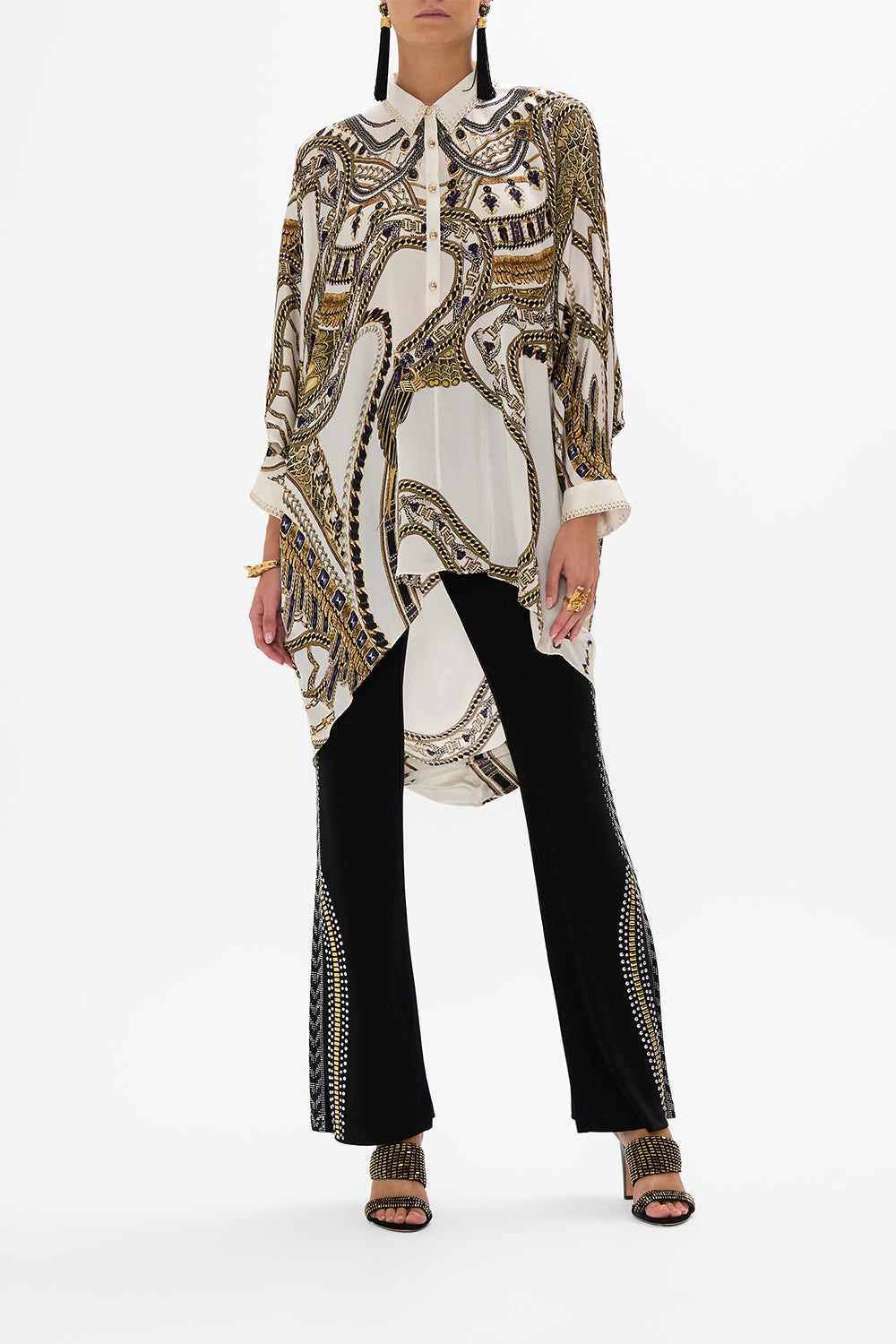 CAMILLA Button Up Top With Draped Back in Goddess Energy print
