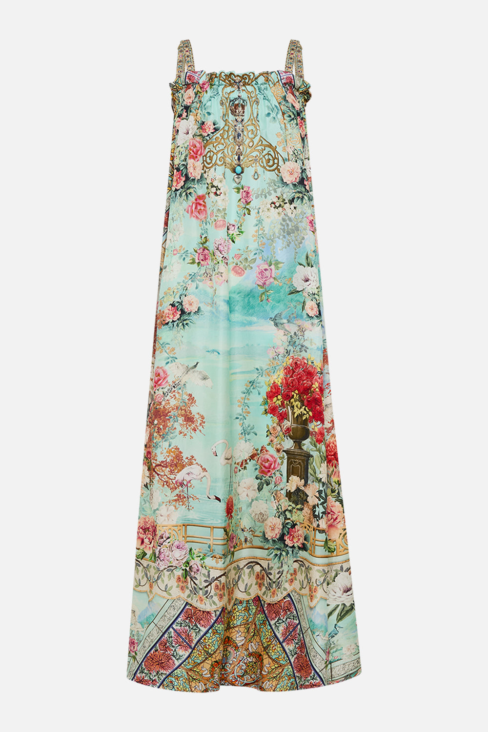CAMILLA Wide strap sundress in The jewellery museum print.