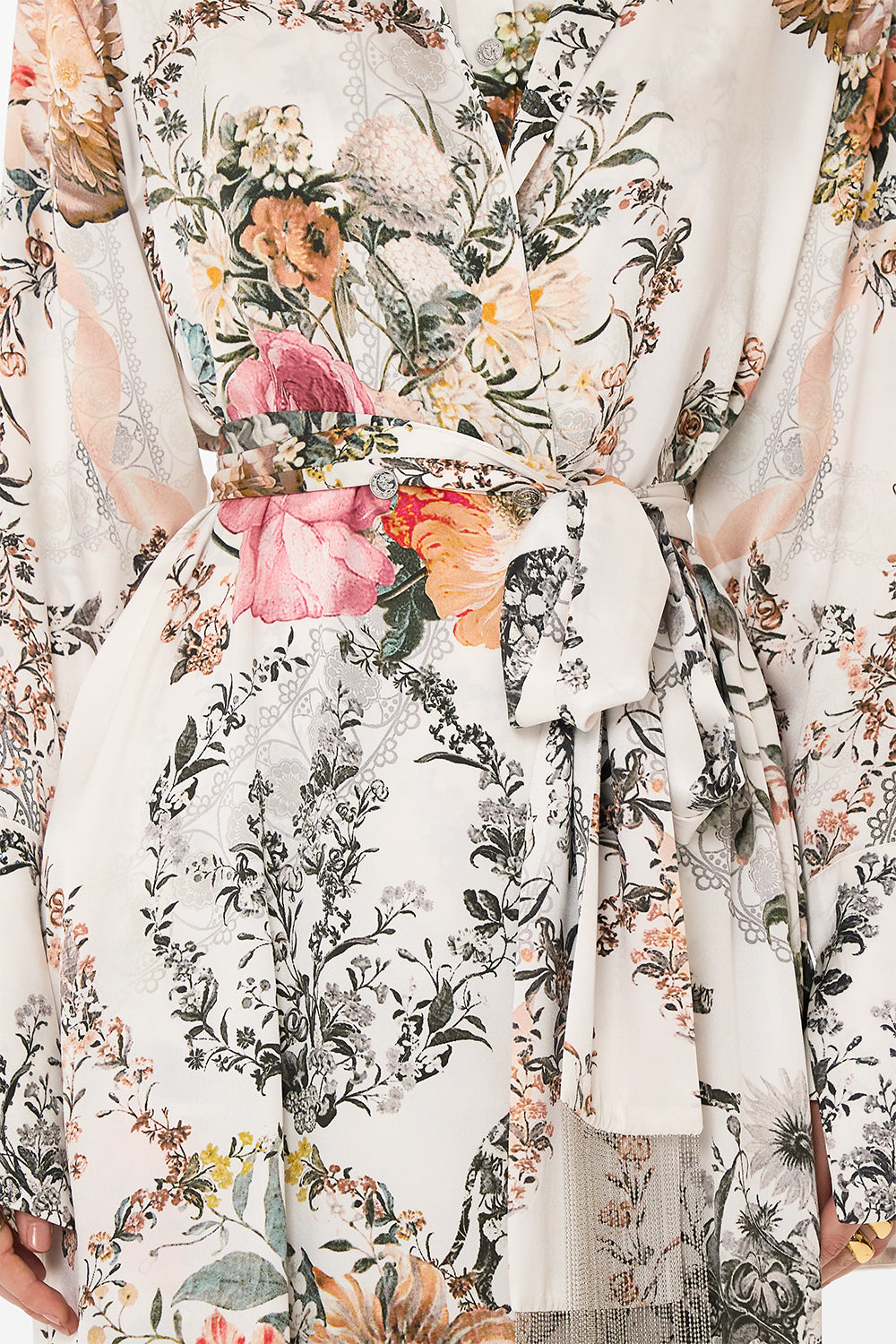 CAMILLA white floral print silk coat in De Haar Memoirs print