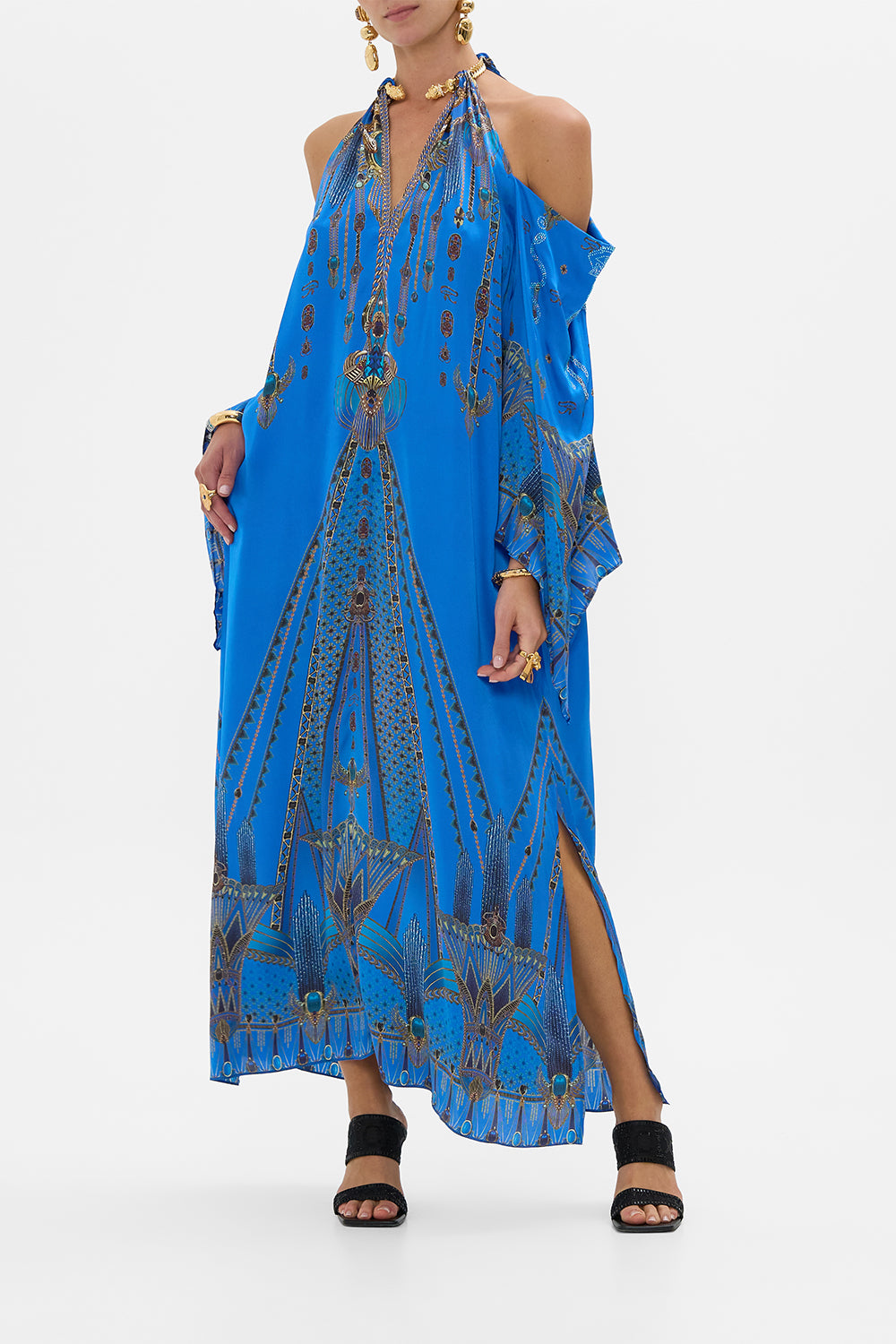 CAMILLA Flared Sleeve Cold Shoulder Long Kaftan in Archival Revival print