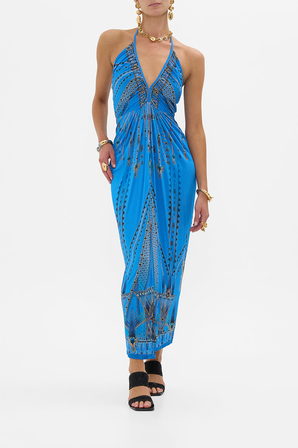 CAMILLA V Neck Gathered Jersey Dress in Archival Revival print