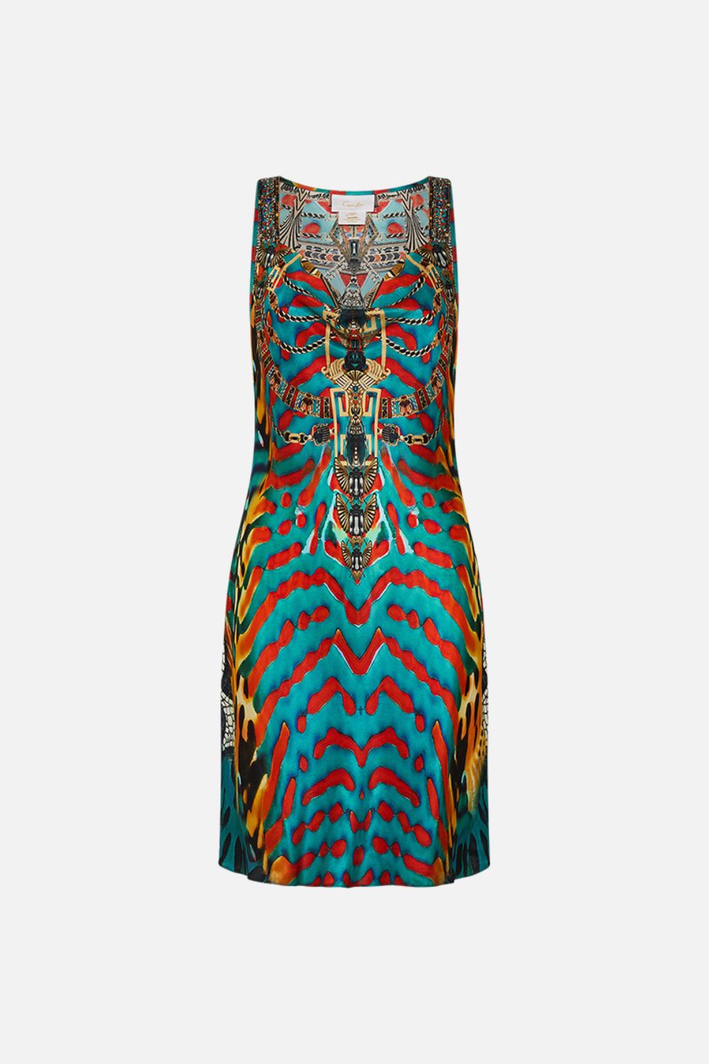 CAMILLA Short bias Slip Dress with Wide Strap in Desert Visions print. 