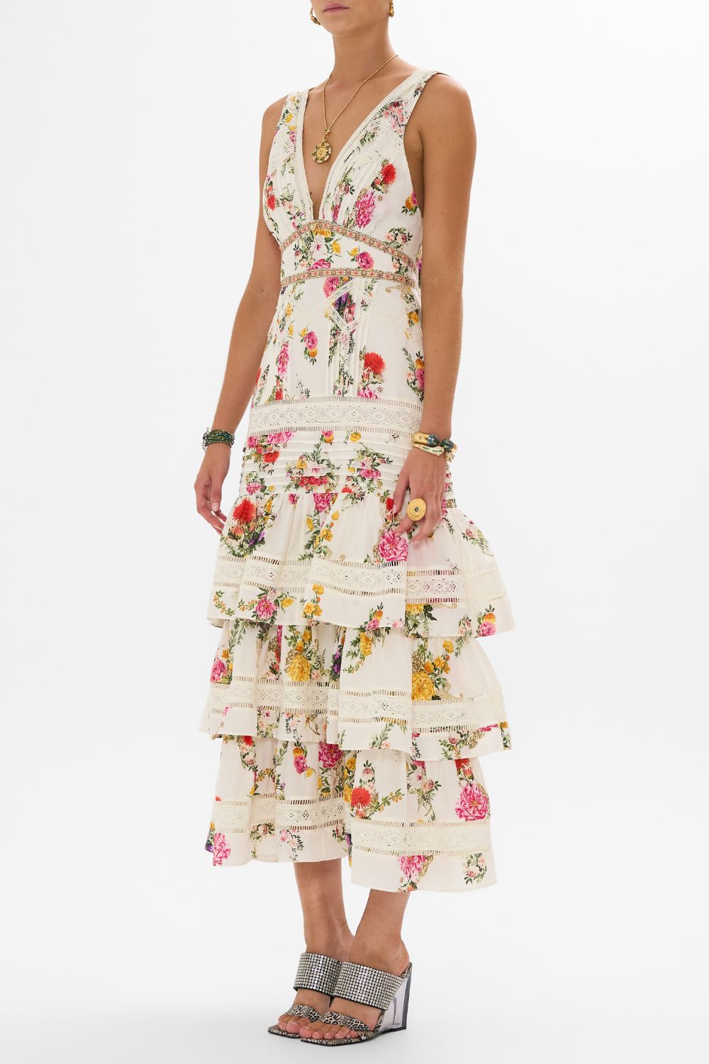 CAMILLA Tiered ruffle hem dress in Egyptian rose print.