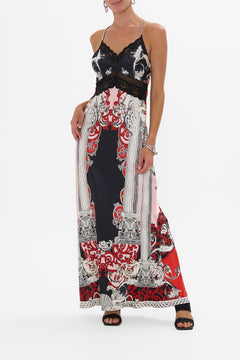CAMILLA Lace Splice Bias Long Dress in Mark Of Medusa print