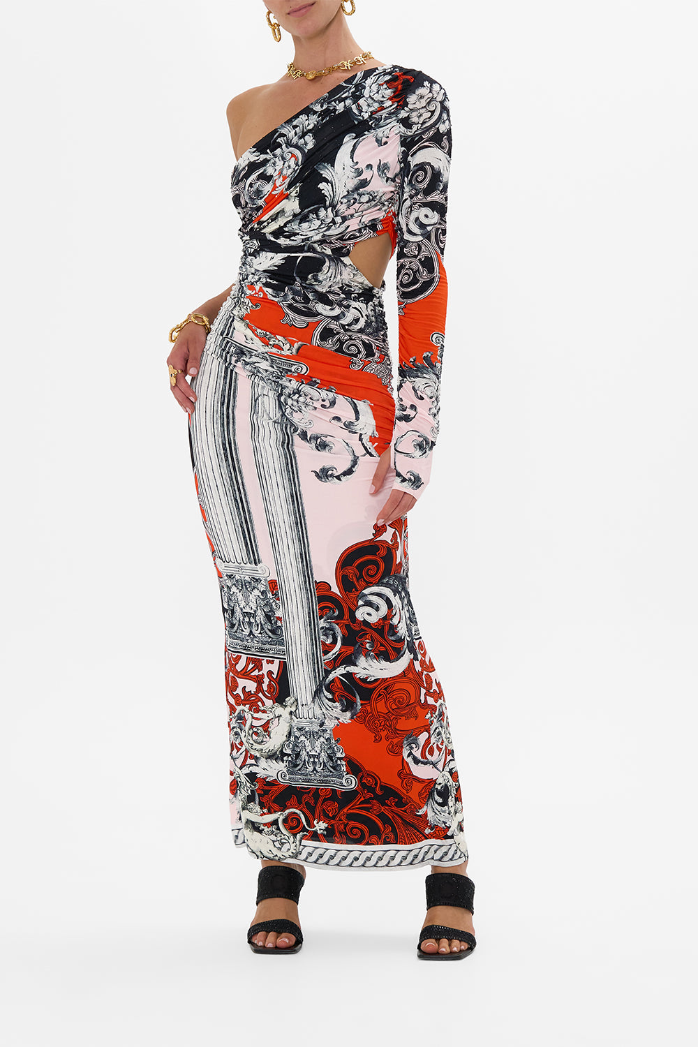 CAMILLA One Shoulder Jersey Cut Out Dress in Mark Of Medusa print