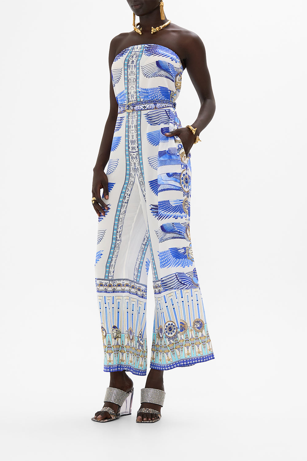CAMILLA Strapless Jumpsuit With D Ring Belt in Dancing With Daylight Print.