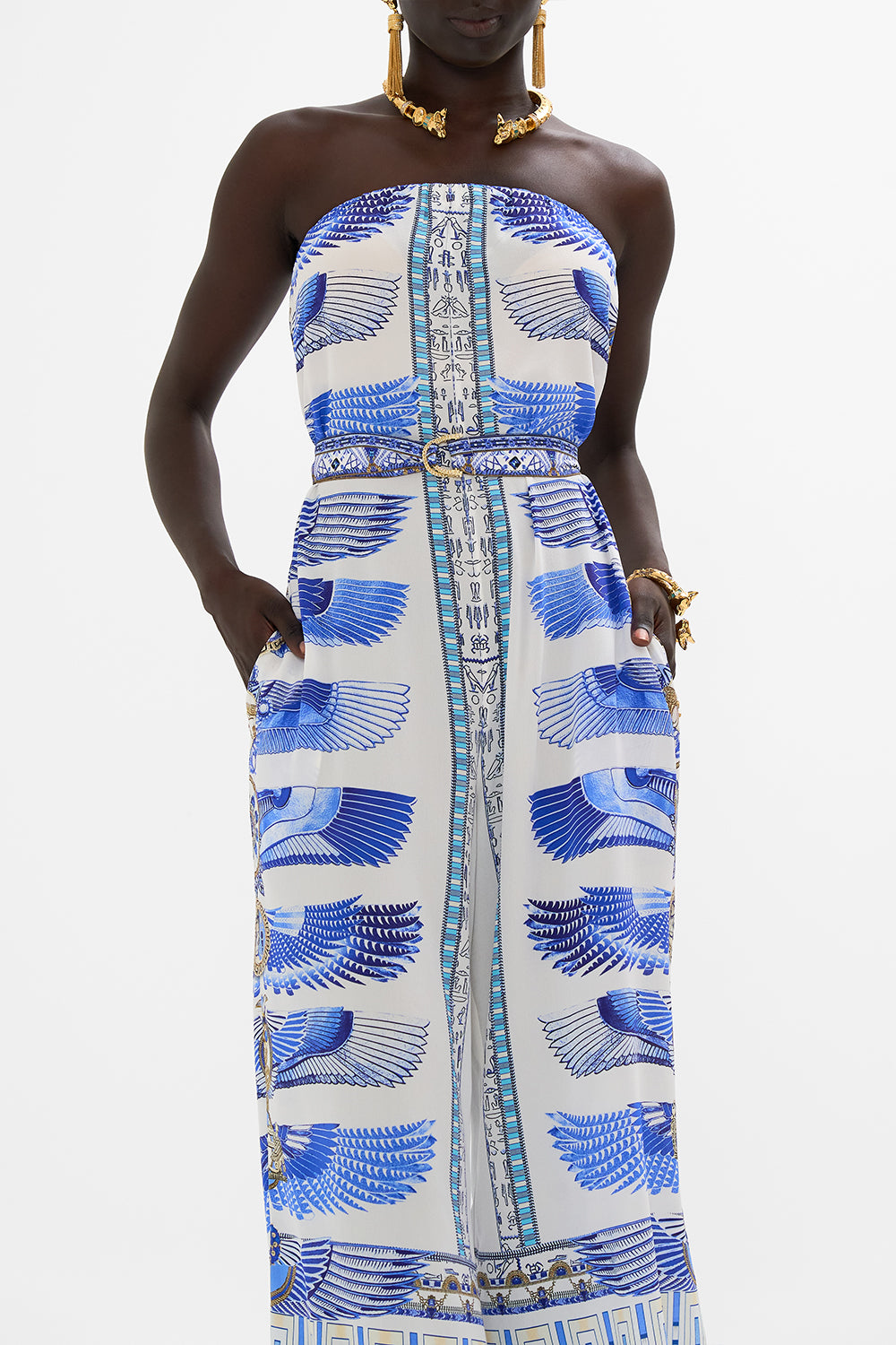 CAMILLA Strapless Jumpsuit With D Ring Belt in Dancing With Daylight Print.