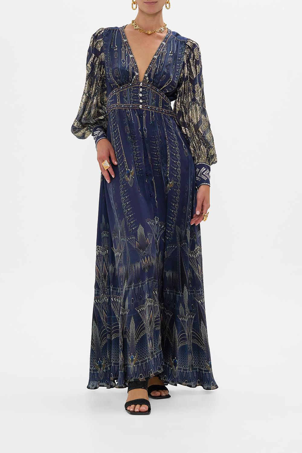 CAMILLA Shaped Waistband Dress With Gathered Sleeves in The Egypt Effect print