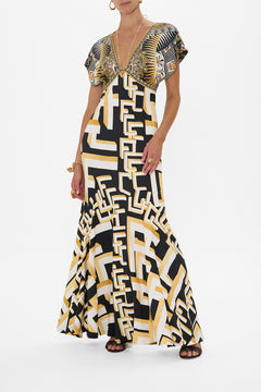 CAMILLA V Neck Hardware Dress With Neck Tie in Temples Of Dendara print