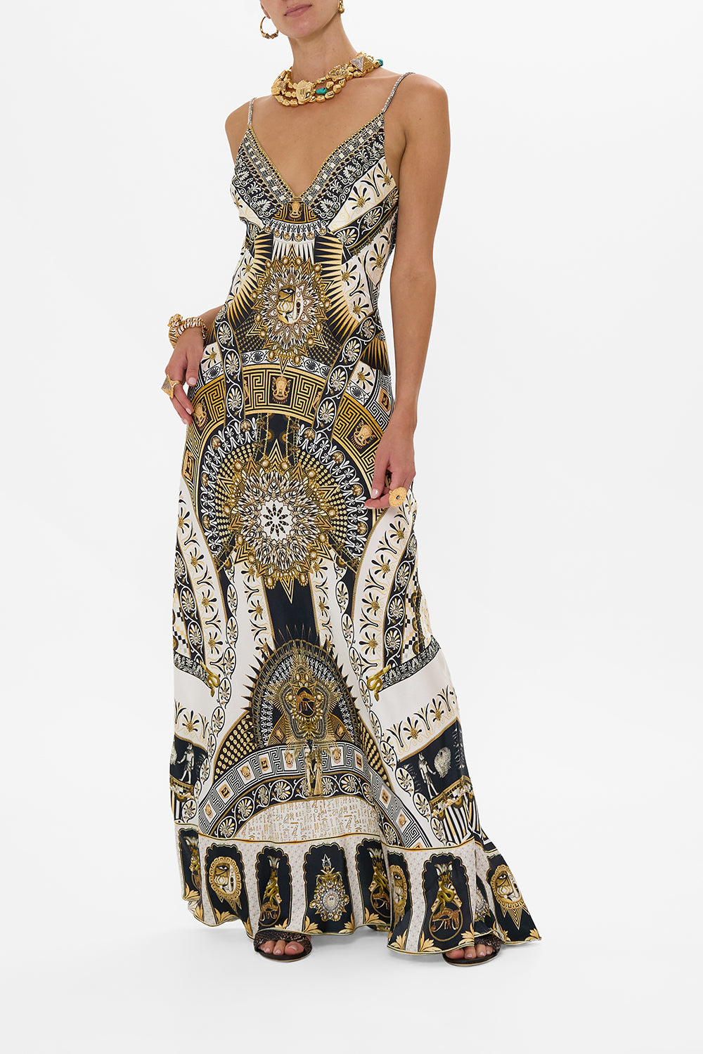 CAMILLA V Neck Long Bias Slip Dress With Train in Temples Of Dendara print
