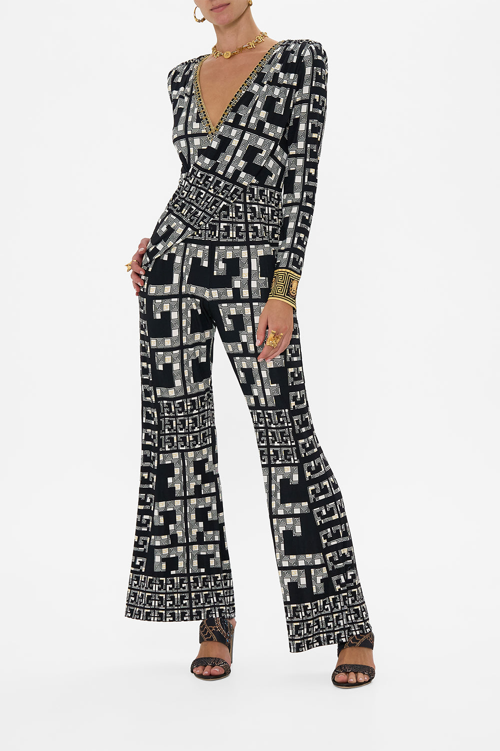CAMILLA Draped V Neck Jersey Flared Jumpsuit in Read My Glyphs print