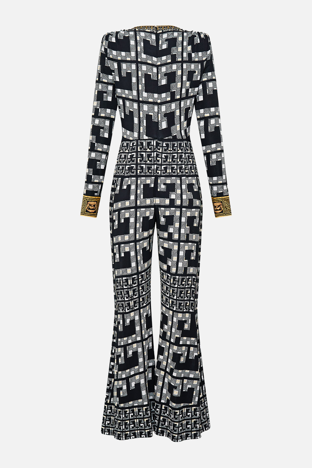 DRAPED V NECK JERSEY FLARED JUMPSUIT READ MY GLYPHS