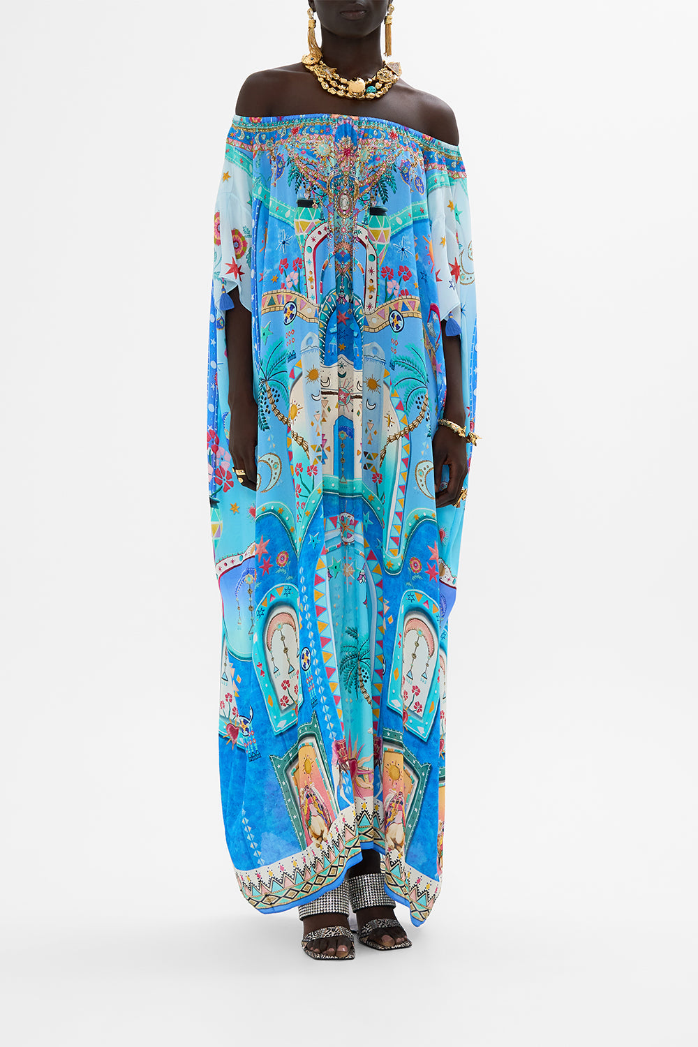CAMILLA Off Shoulder Kaftan in A Painted Village print