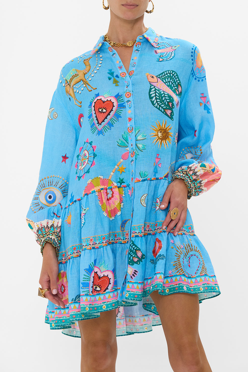 LONG SLEEVE TIERED SHIRT DRESS A PAINTED VILLAGE