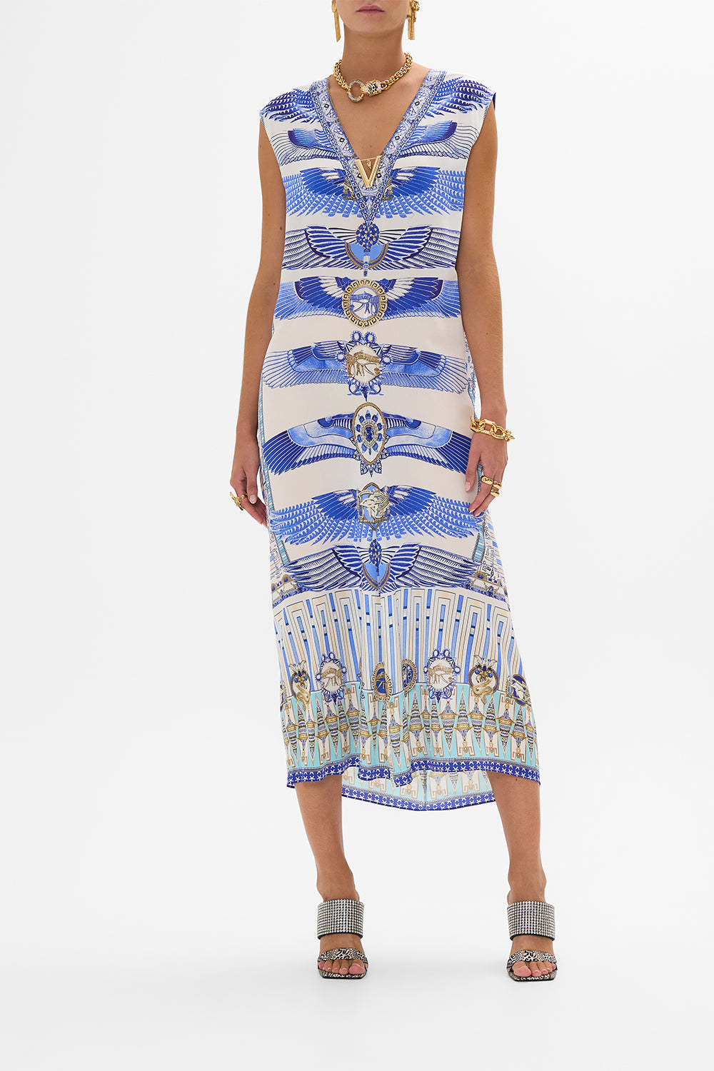 CAMILLA Sleeveless Drape Back Dress in Dancing With Daylight Print.