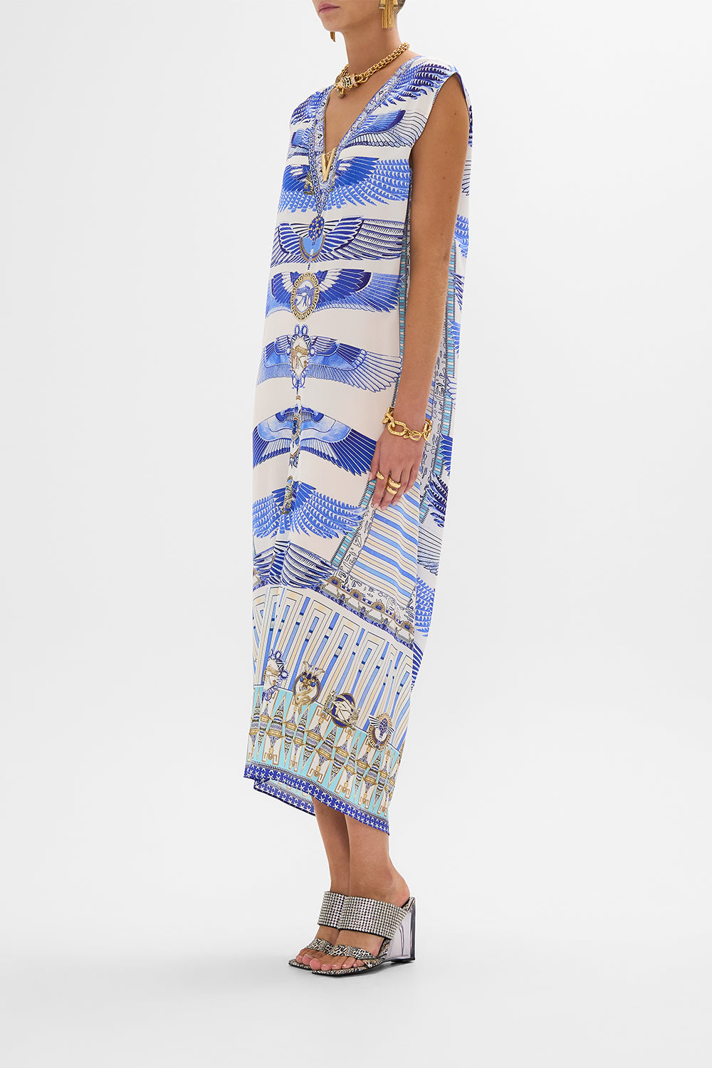 CAMILLA Sleeveless Drape Back Dress in Dancing With Daylight Print.