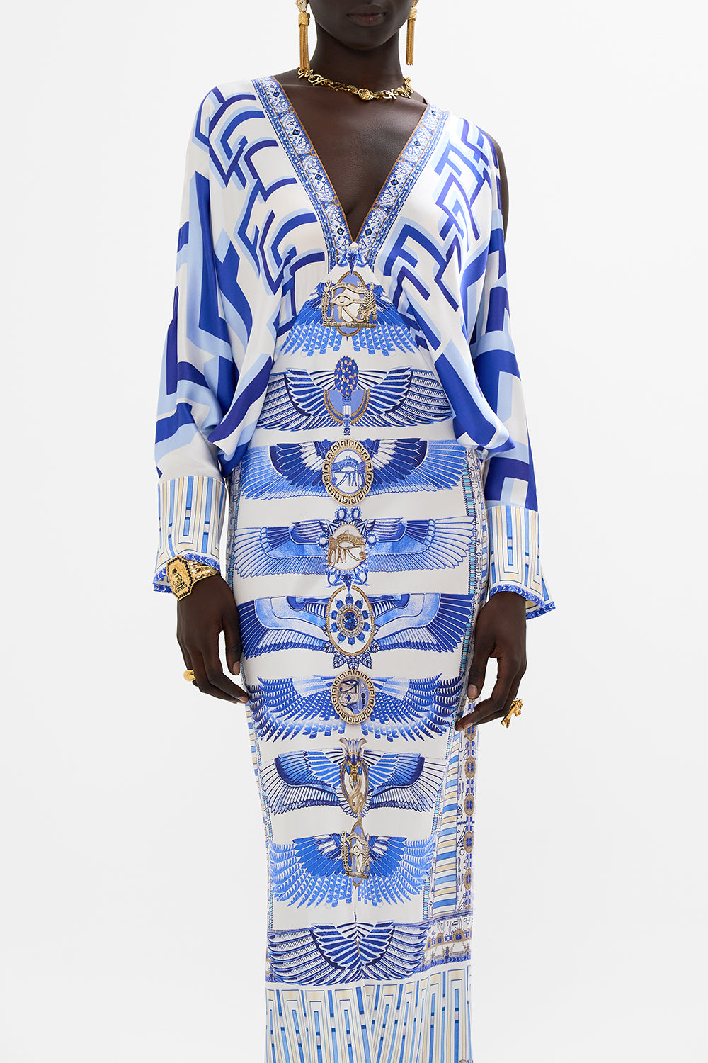 CAMILLA Plunge Neck Draped Shoulder Dress in Dancing With Daylight Print.