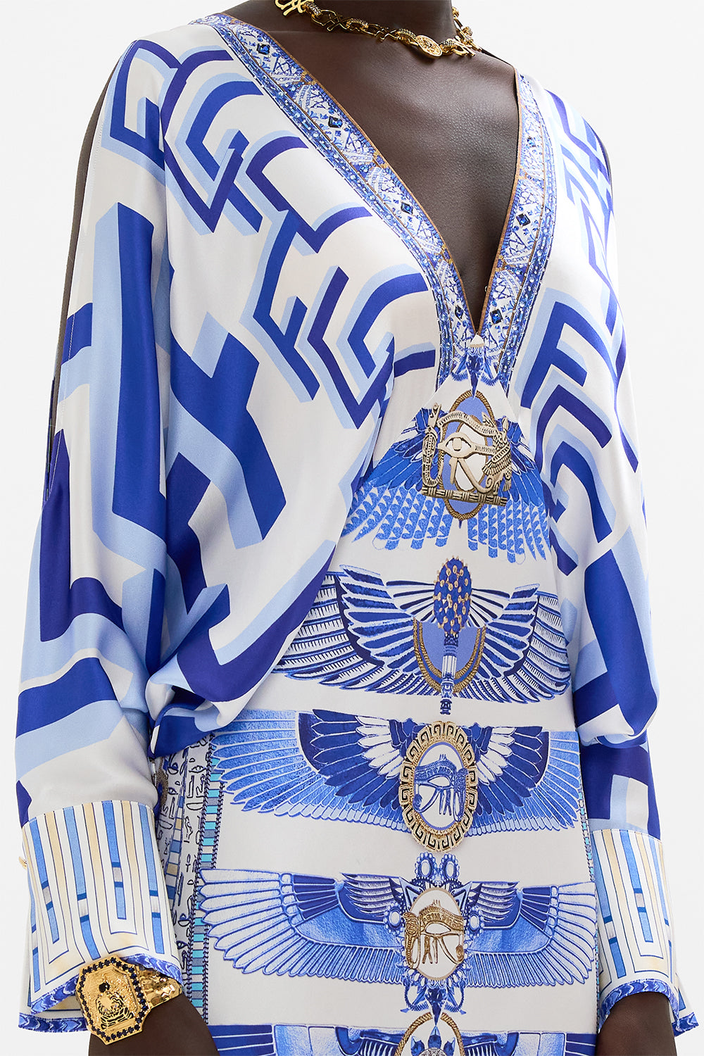 CAMILLA Plunge Neck Draped Shoulder Dress in Dancing With Daylight Print.