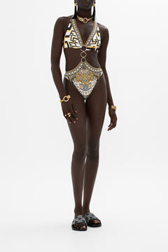 CAMILLA Tri-Ring Front Cut Out One Piece in Temples Of Dendara Print.