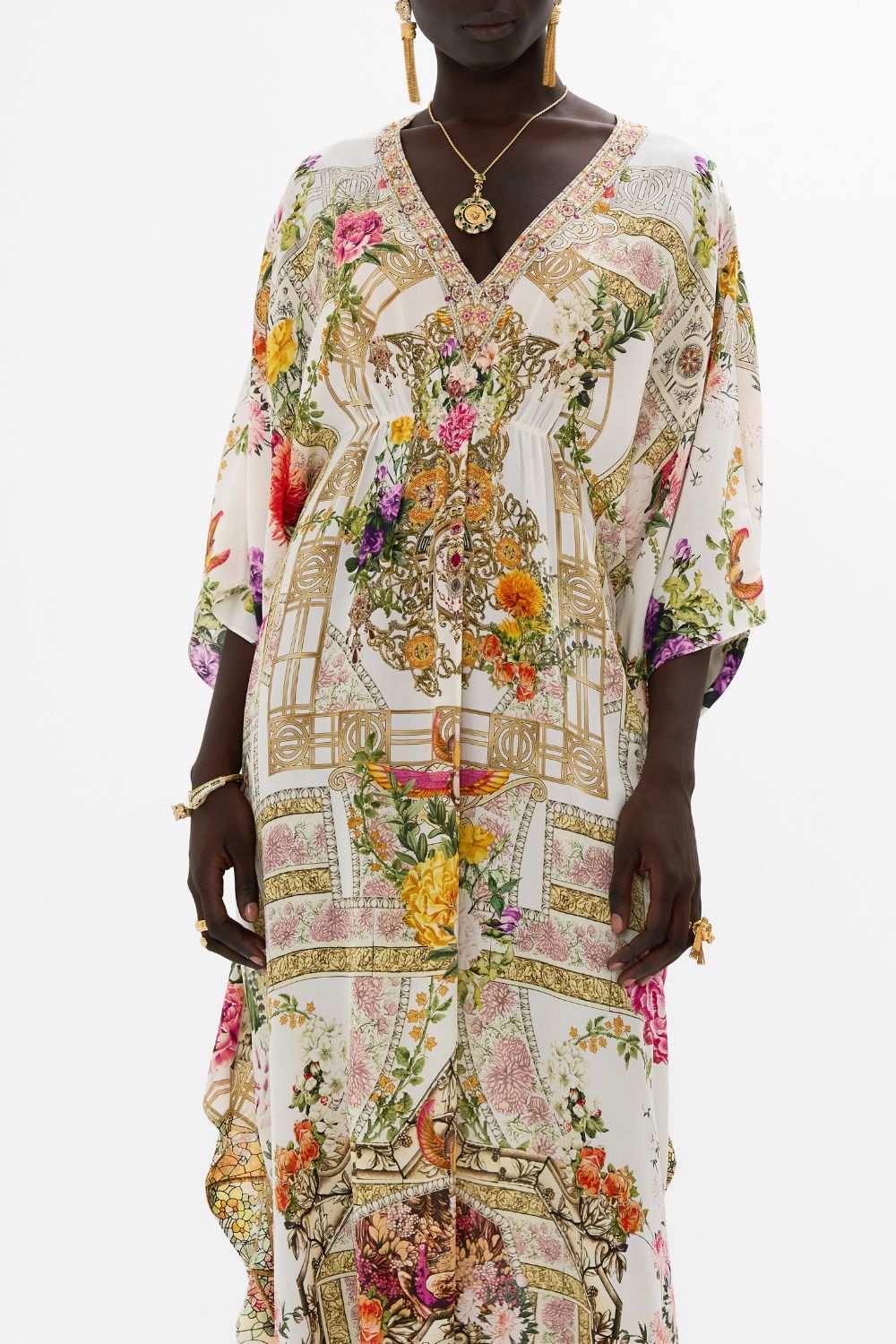 CAMILLA Gathered waist kaftan in Egyptian rose print.
