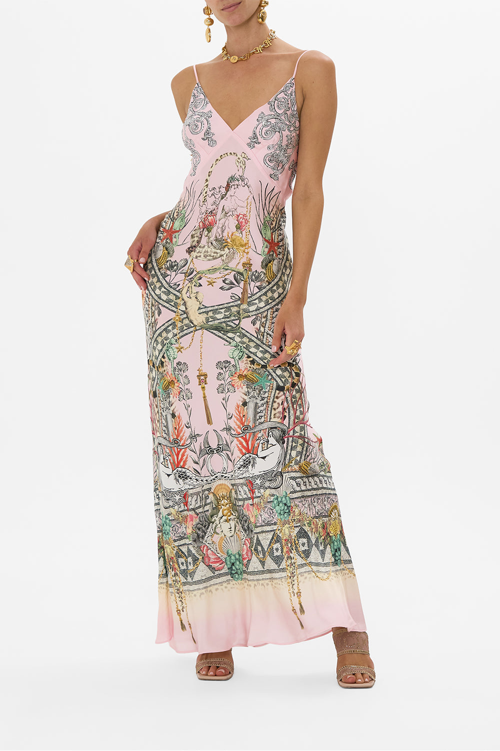 CAMILLA V Neck Full Length Bias Slip Dress in Cave Of Wonders print