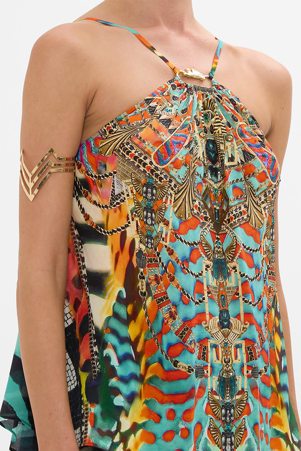CAMILLA Gather Neck Hardware Top in Desert Visions print.