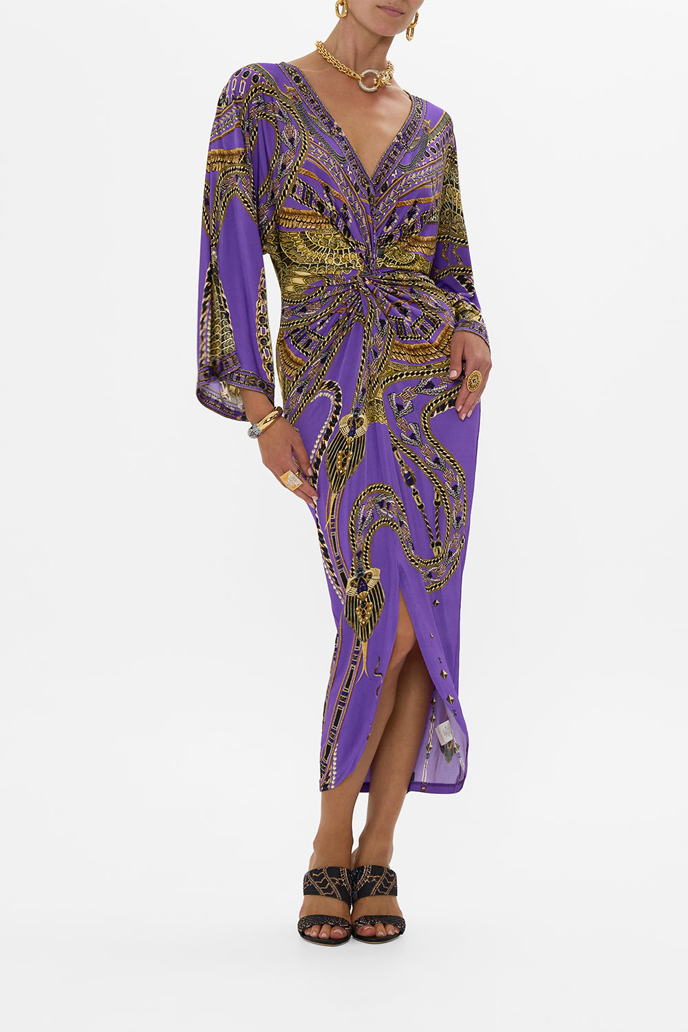 CAMILLA Long Split Front Twist Jersey Dress in Luxorland Lady print