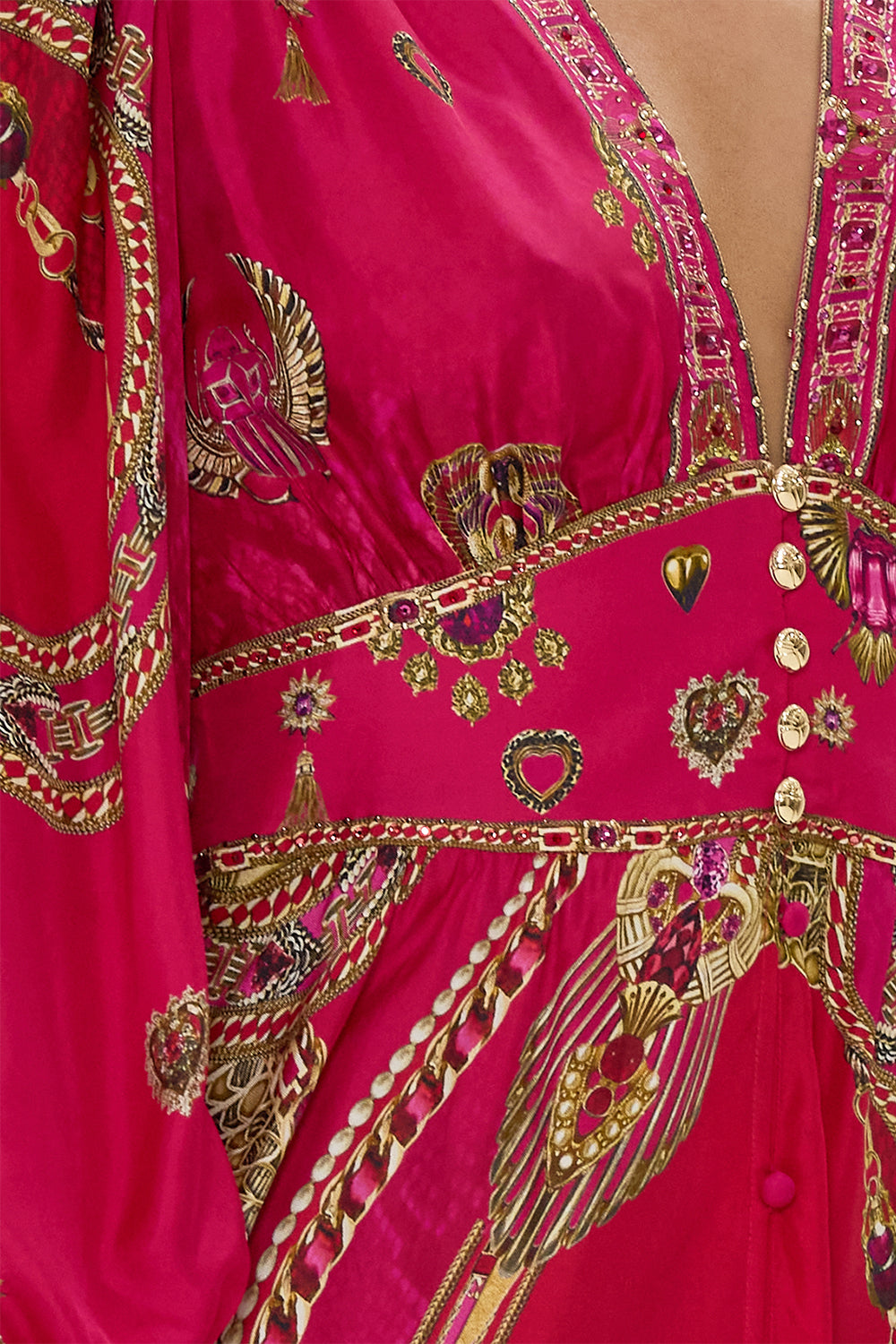 SHAPED WAISTBAND DRESS WITH GATHERED SLEEVES KISSED BY A COBRA