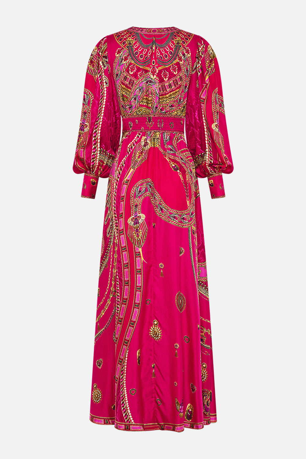 SHAPED WAISTBAND DRESS WITH GATHERED SLEEVES KISSED BY A COBRA