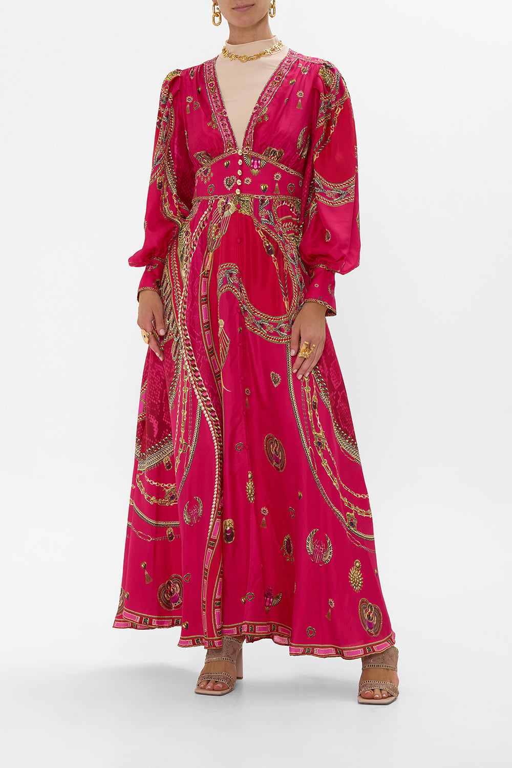 SHAPED WAISTBAND DRESS WITH GATHERED SLEEVES KISSED BY A COBRA