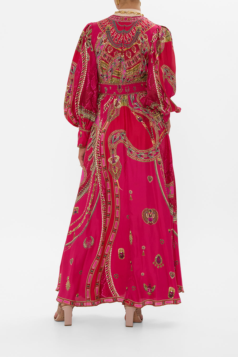 SHAPED WAISTBAND DRESS WITH GATHERED SLEEVES KISSED BY A COBRA