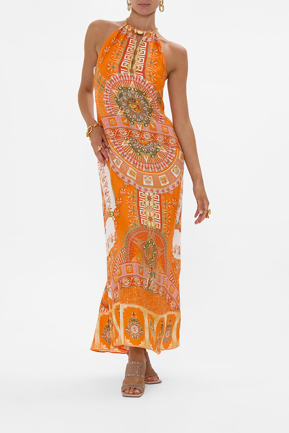 CAMILLA Low Back Long Dress With Neck Hardware in The Obelisk Gate print