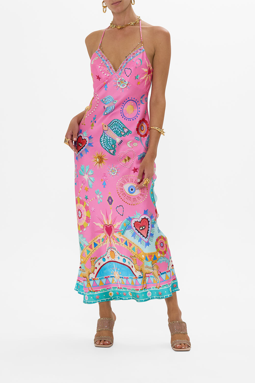 CAMILLA Chain Detail Slip Dress in Rainbow Roads print
