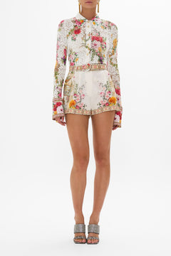 CAMILLA Silk spliced knit shirt in Egyptian rose print.