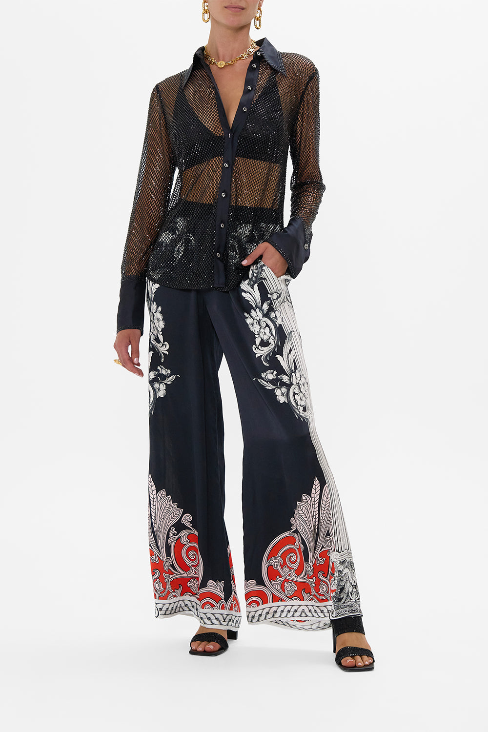 CAMILLA Crystal Mesh Shirt With Silk Contrast in Mark Of Medusa print