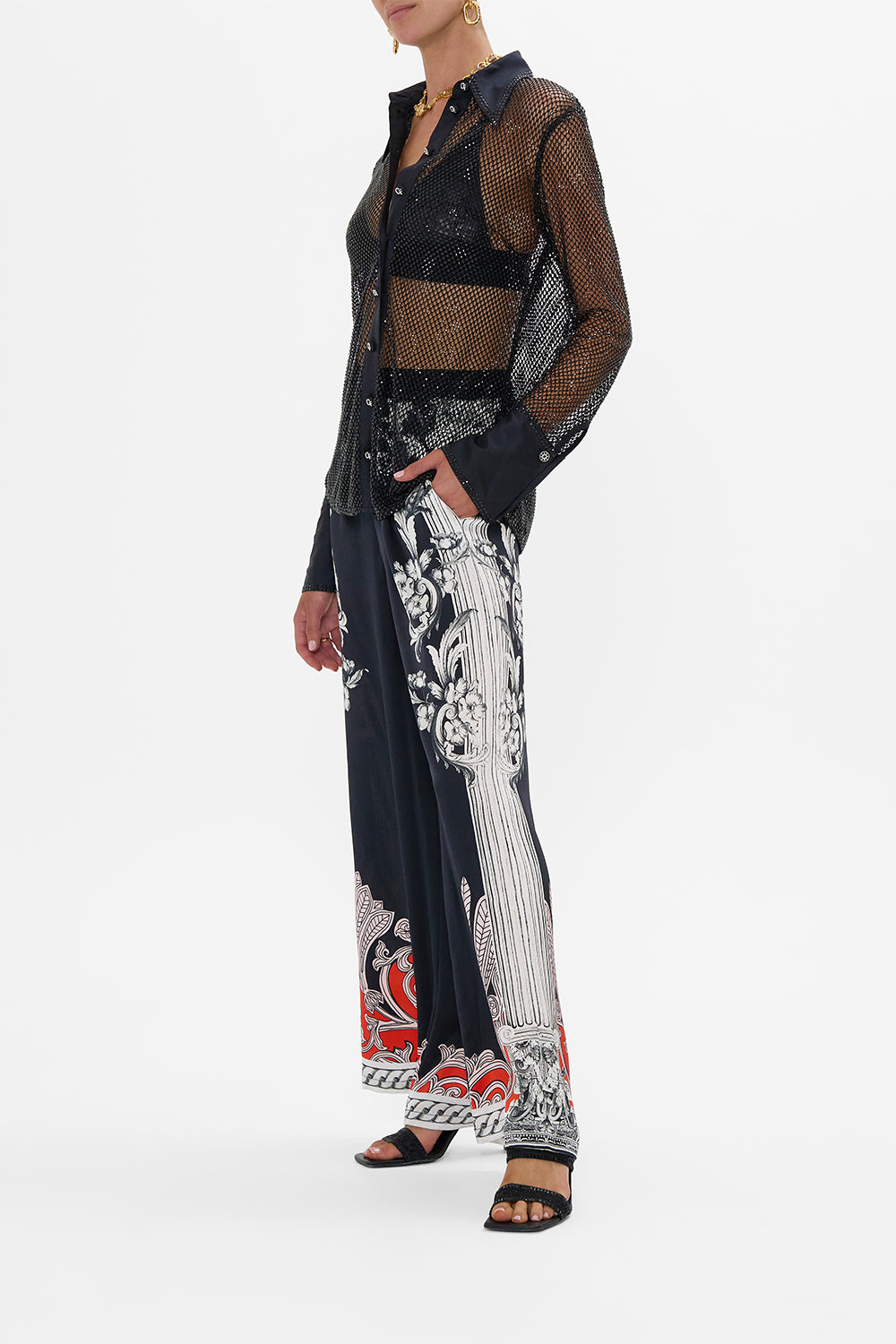 CRYSTAL MESH SHIRT WITH SILK CONTRAST MARK OF MEDUSA