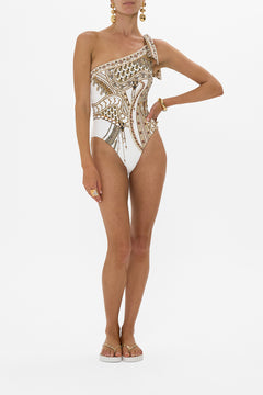 CAMILLA One Shoulder Tie One Piece With Trim in Goddess Energy print