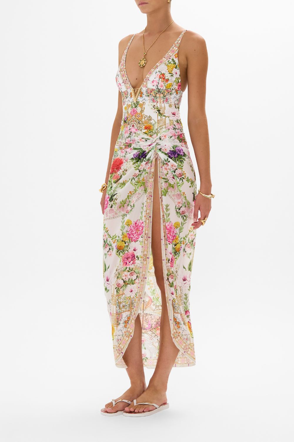 CAMILLA Twist front long skirt in Egyptian rose print.