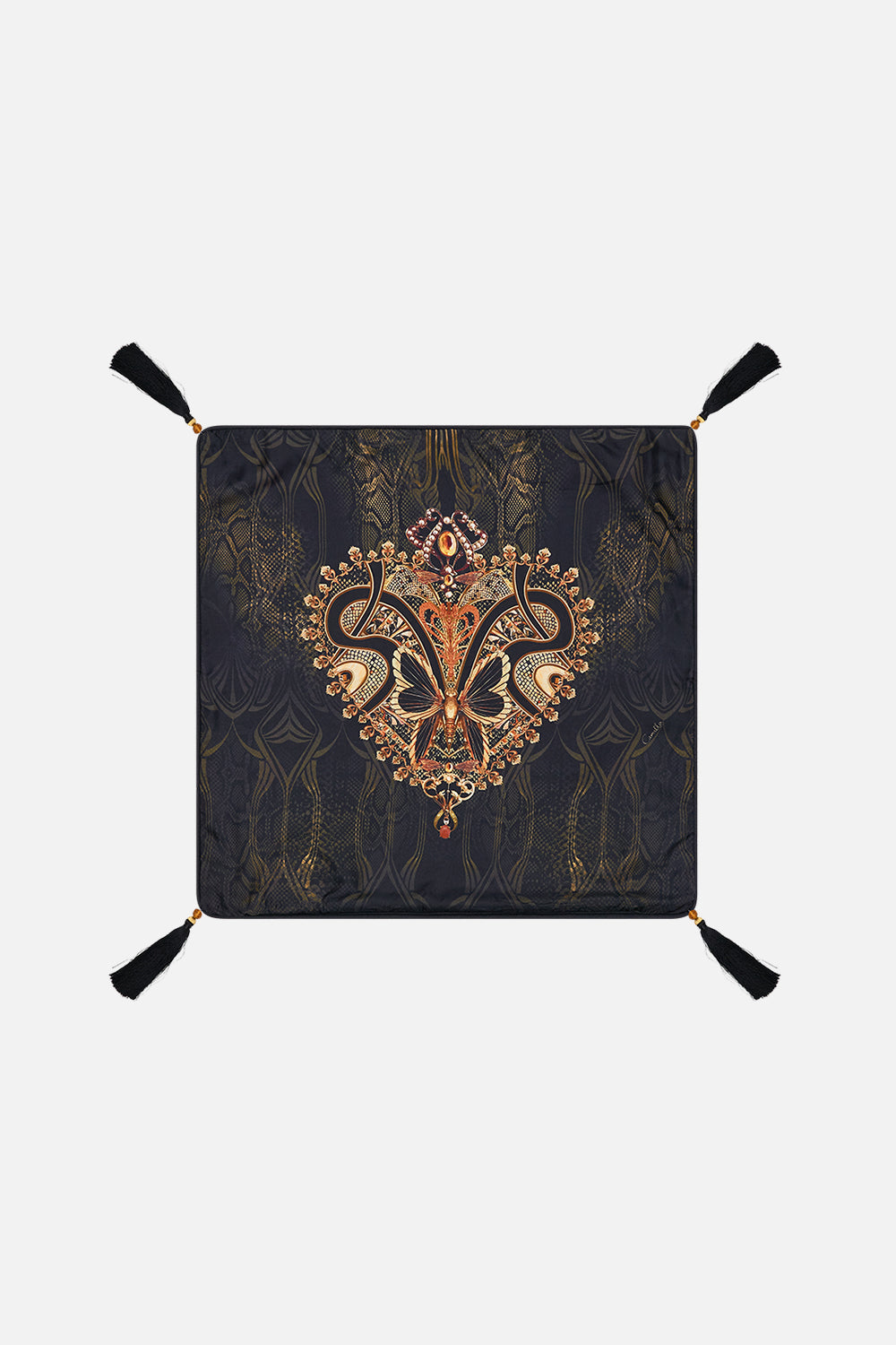 Villa CAMILLA black and gold small square cushion in Nouveau Noir print