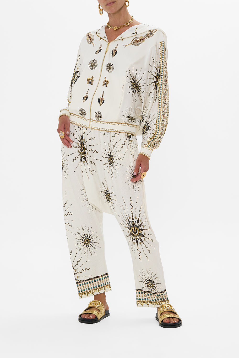 CAMILLA Silk Mix Jersey Zip Front Sweater in Goddess Energy print