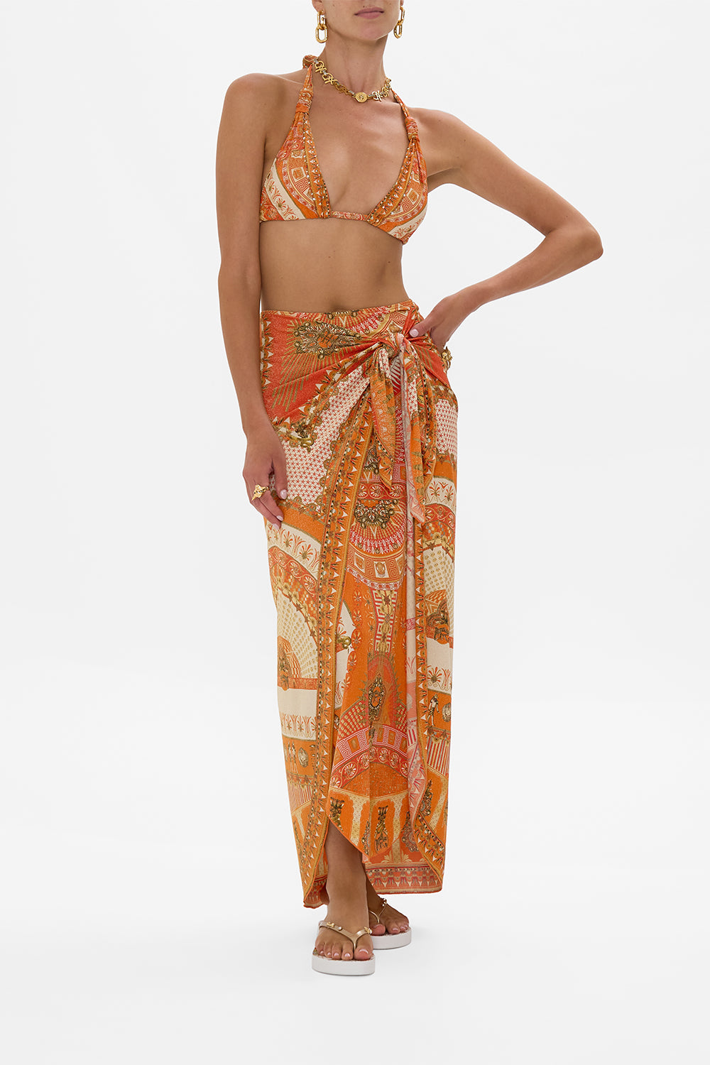 CAMILLA Layered Long Sarong With Front Tie in The Obelisk Gate print