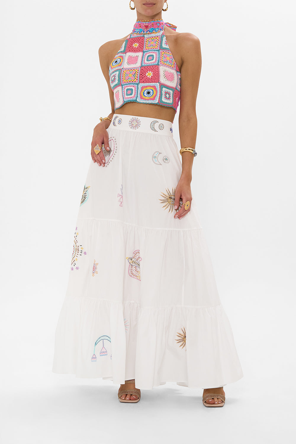 CAMILLA Crochet Halter Tie Back Top in Rainbow Roads print