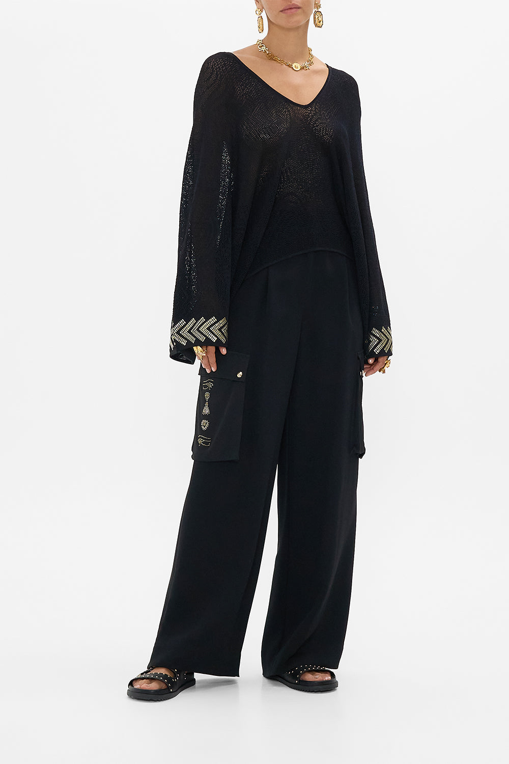 CAMILLA Relaxed V Neck Knot Pointelle Top in Cat Worship print. 