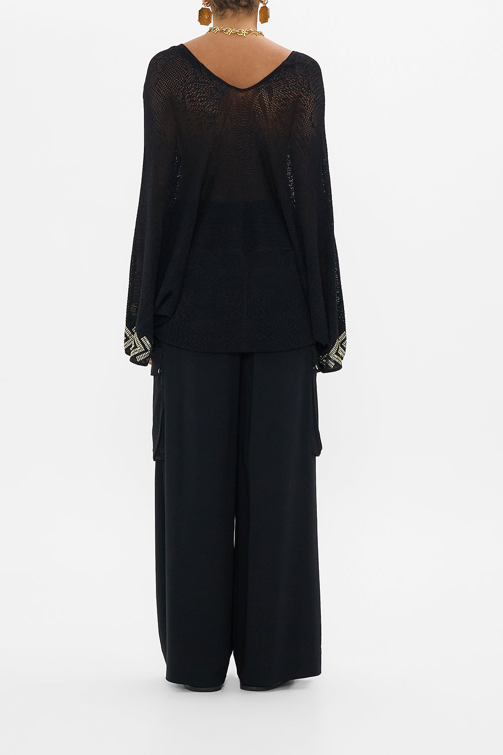 CAMILLA Relaxed V Neck Knot Pointelle Top in Cat Worship print. 