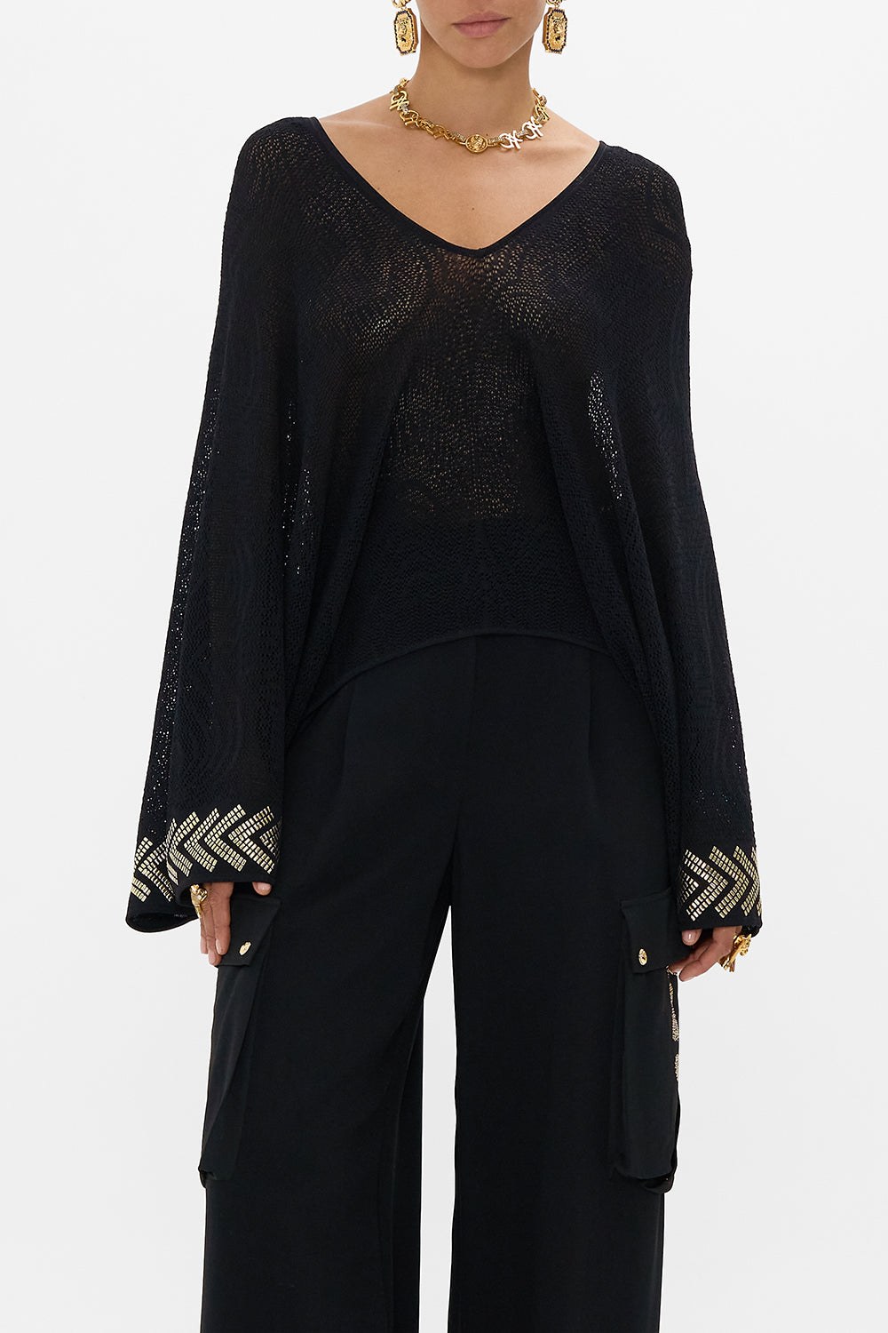 CAMILLA Relaxed V Neck Knot Pointelle Top in Cat Worship print. 